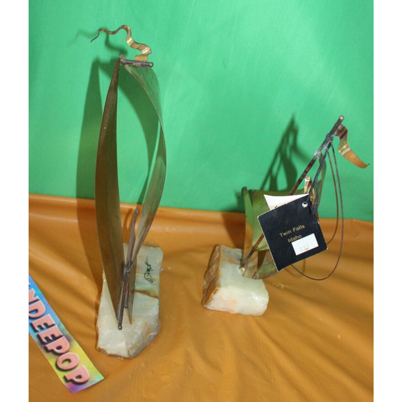 Vintage Pair Brass Metal Steel Onyx Sailboat Sculptures DeMott And Mario Jason - Picture 5 of 16